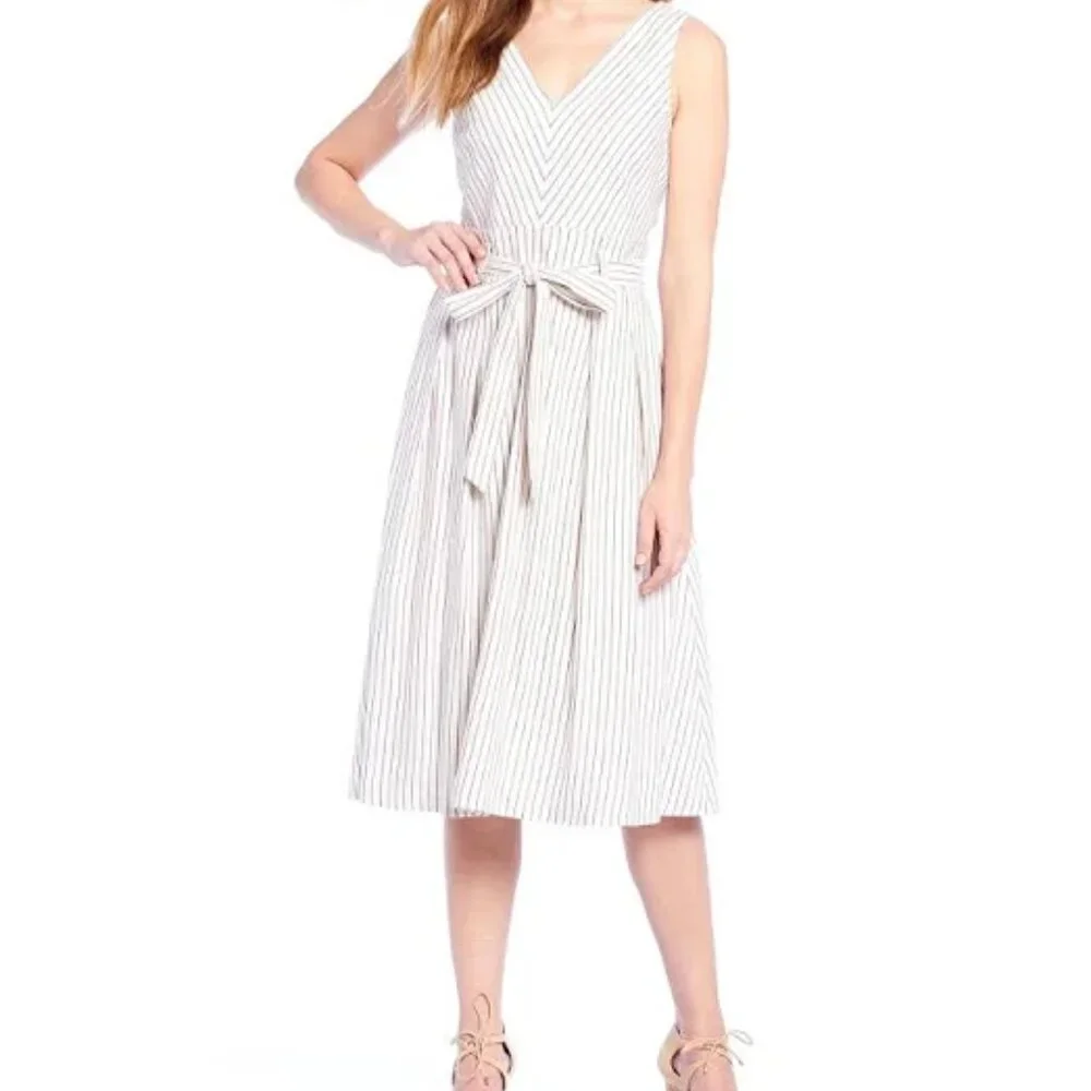 ANTONIO MELANI Women's Ivory Stripe Sleeveless V-neck Sash Linen Midi Dress 10 - Picture 2 of 8